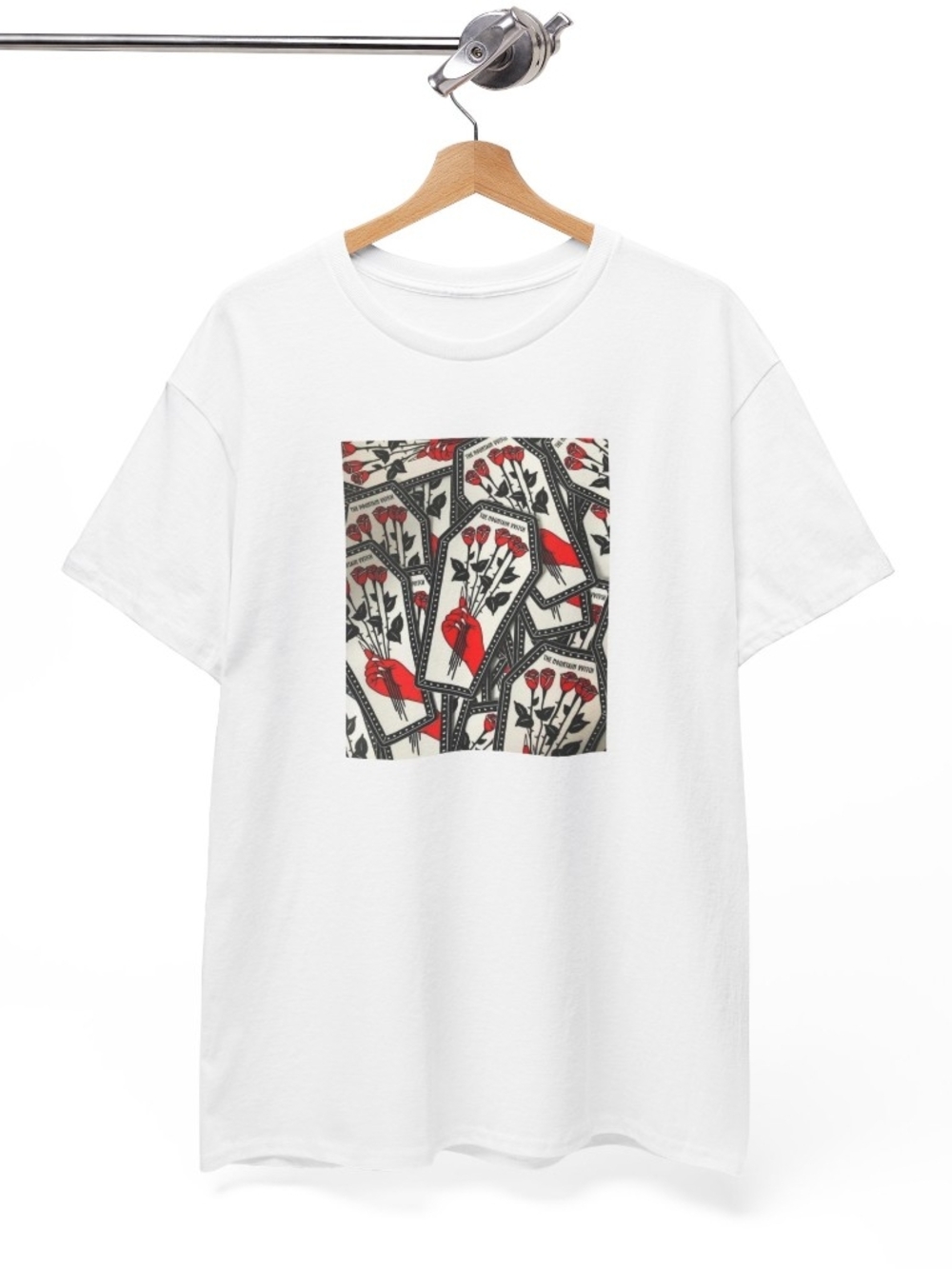 Gildan White Tee with Red and Black Floral Heart Print
